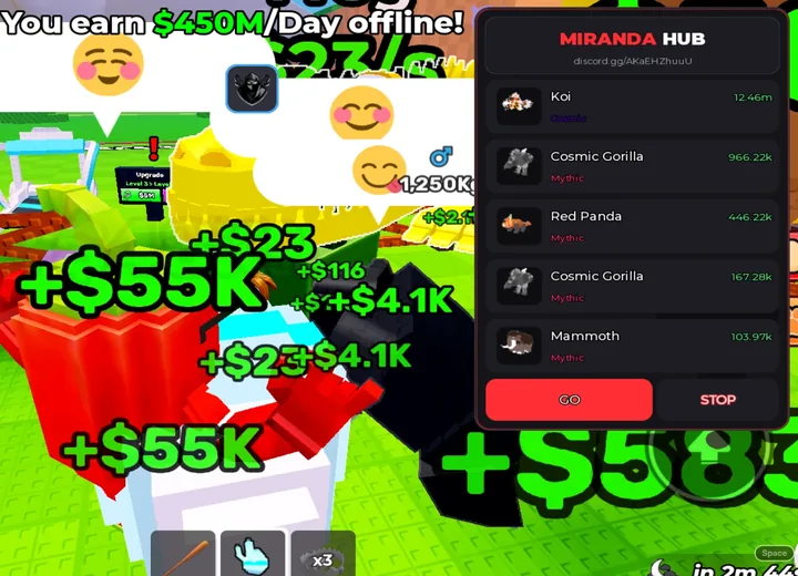 Miranda Hub Script target panel with pet values, rarity labels and Go and Stop controls in Steal an Egg
