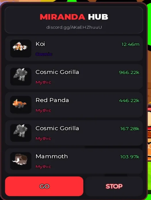 Miranda Hub Script menu showing the target list and the Go and Stop buttons