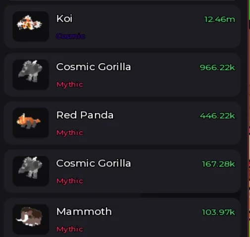 Miranda Hub target list showing pet names, cash per second values and Cosmic and Mythic rarity labels